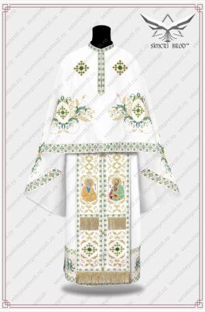 Vesmant brodat cu motive florale si cruci patriarhale - alb-verde