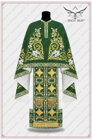 Vesmant brodat cu motive florale si cruci patriarhale - verde