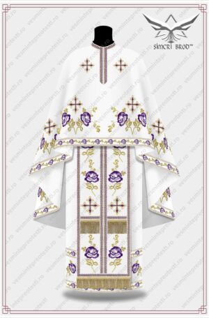 Vesminte brodate cu trandafiri si cruci - alb-mov