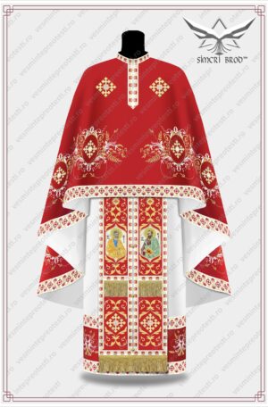Vesmant brodat cu motive florale si cruci patriarhale - rosu