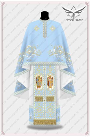 Vesmant brodat cu motive florale si cruci patriarhale - albastru deschis